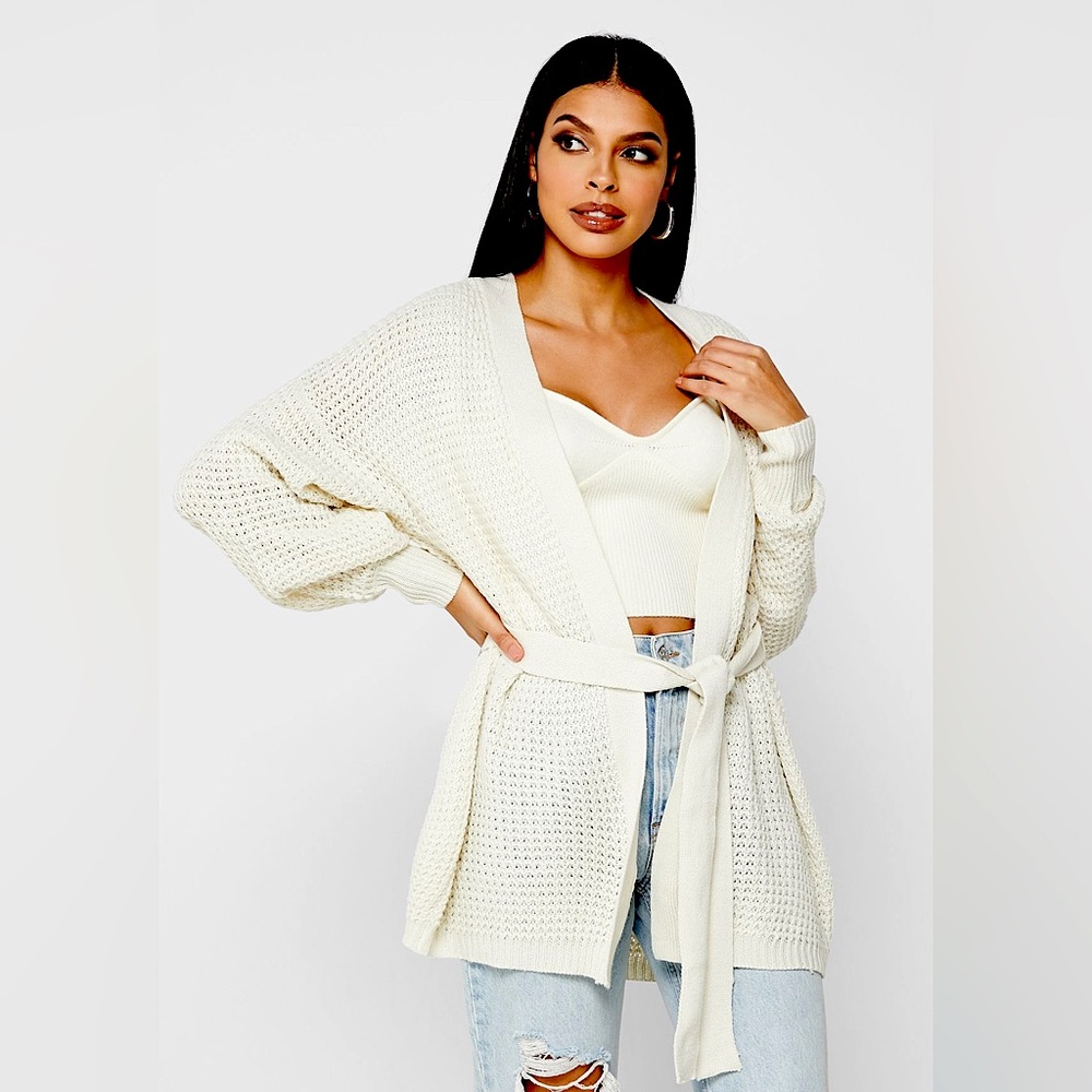 Misguided Women's Belted White Balloon Sleeve
Waffle Knit Cardigan 2/4 Small